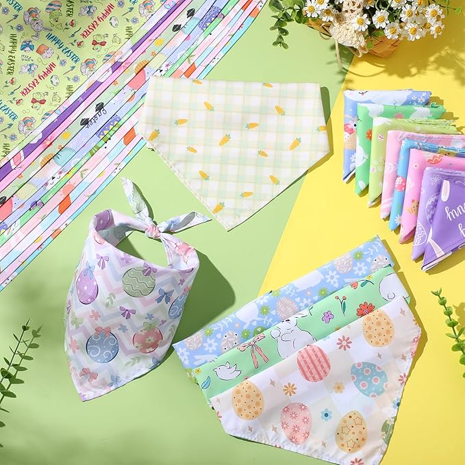 Kacctyen 50 Pcs Spring Easter Dog Bandanas Bulk Bandanas for Dogs Grooming with Bunny Pattern Adjustable Pet Triangle Scarf Bib Washable for Small Medium Large Puppy Cats Pets Costume Accessories