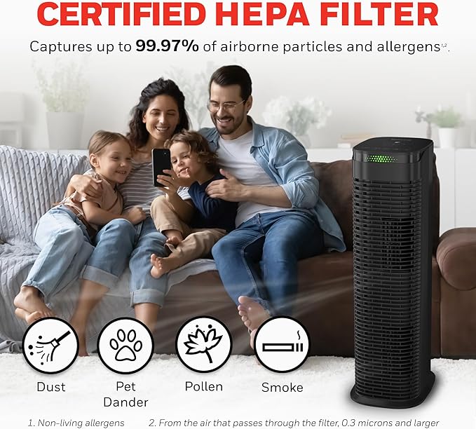 Honeywell HEPA Air Purifier for Home, 990 Ft² Rooms in 1 hour, HEPA Filter, Auto Mode, Air Quality Indicator, Reduces Allergens, Dust, Pollen, Pet Dander, All Smoke Types, Odors, Black, HPA180