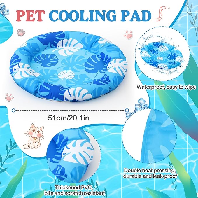 Pet Cooling Mat for Cats and Small Dogs, 20.1'' x 20.1'' Thickened Round Blue Pad Anti-Grab Internal Gel Without Water Filling, Lightweight, Washable, Playmat for Indoor/Outdoor