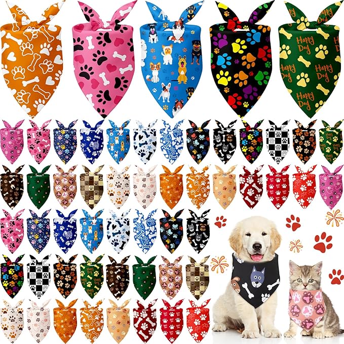 Kacctyen 50 Pcs Dog Bandanas Bulk Bandanas for Dogs Grooming with Dog Paws Pattern Adjustable Pet Triangle Scarf Bib Washable for Small Medium Large Puppy Cats Pets Costume Accessories