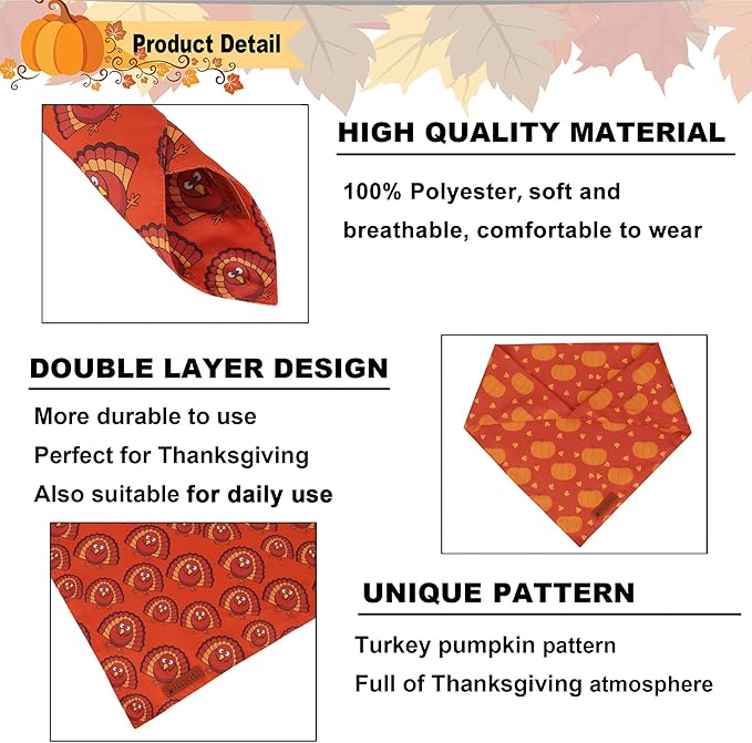 ADOGGYGO Thanksgiving Dog Bandanas 2 Pack, Reversible Pumpkin Turkey Pet Scarf, Premium Fabric, Adjustable Fit Orange Thanksgiving Bandanas for Small Dogs (Small)
