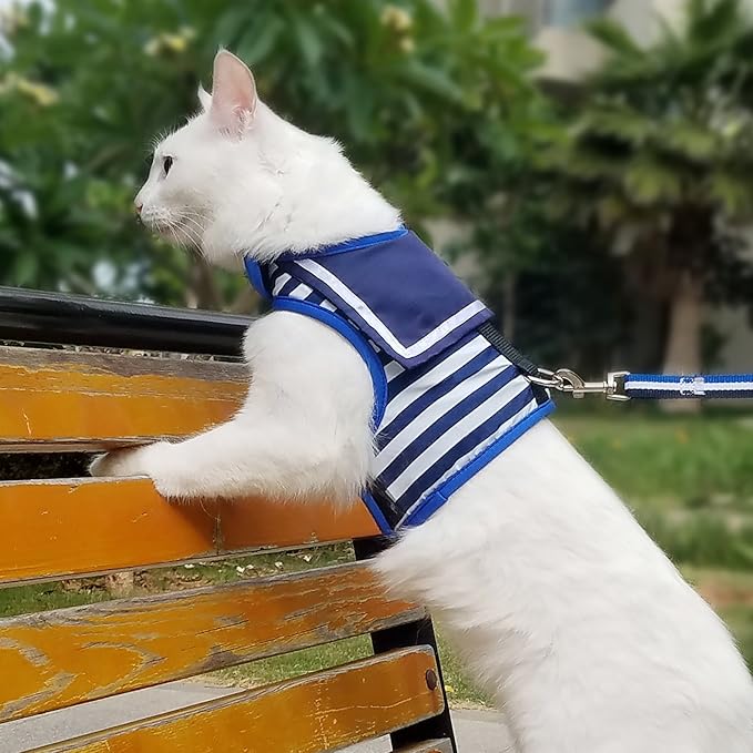 Cat Harness and Leash for Walking Escape Proof, Adjustable Cat Vest Harness, Padded Stylish Cat Walking Jackets, Sailor Suit Navy, Medium