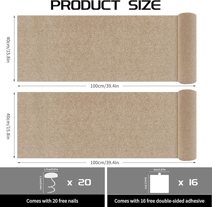 2 Pcs Total 78.8"x15.8" Cat Scratch Mat, Cat Scratch Couch Furniture Protector, Trimmable Self-Adhesive Cats Scratch Pads, DIY Cat Scratcher for Wall Protector and Covering Cat Tower (Khaki)