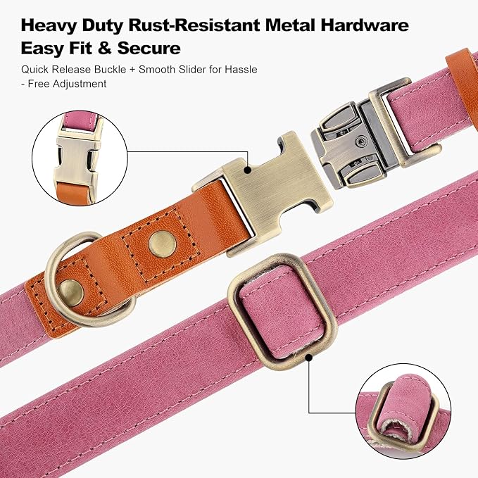 Plutus Pet Genuine Leather & Hemp Dog Collar – Adjustable Heavy Duty Pet Collar with Quick Release Metal Buckle, Soft & Stylish for Puppy and Small, Medium, Large Dogs (Pink, M)