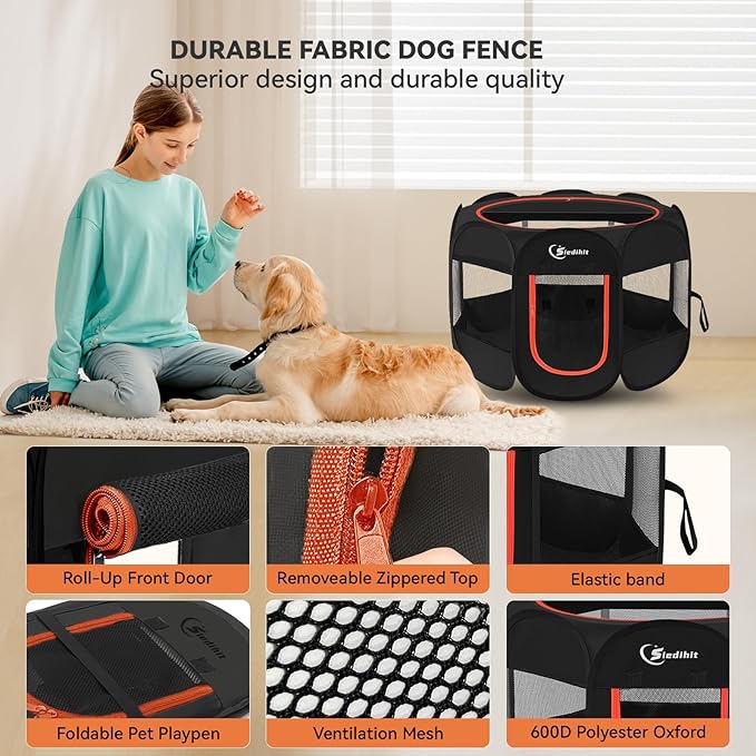 Dog Playpen, Large Puppy Pet Playpen, Dog Crate Tent Cage Indoor/Outdoor, Portable Pop Up Dogs Kennel Playpen with Carrying Case for Dogs/Cats/Rabbitss, Black