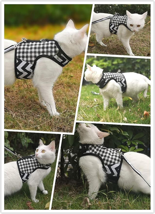 Cat Harness and Leash for Walking Escape Proof, Adjustable Cat Vest Harness, Padded Stylish Cat Walking Jackets, Black Plaid, XX-Large