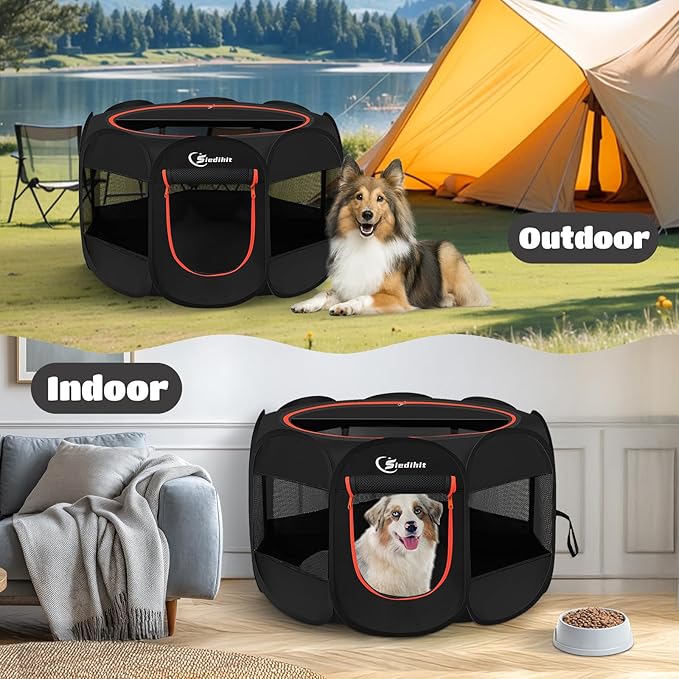 Dog Playpen, Large Puppy Pet Playpen, Dog Crate Tent Cage Indoor/Outdoor, Portable Pop Up Dogs Kennel Playpen with Carrying Case for Dogs/Cats/Rabbitss, Black