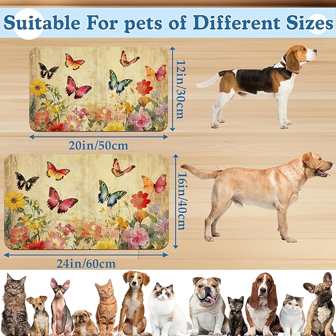 Vintage Butterfly Floral Pet Food Mat for Cats and Dogs–Christmas Stocking Absorbent Quick Dry Feeding Placemat, Non Slip Rubber Base, Waterproof Bowl Mat for Indoor Use, Pet Supplies 16"x24"