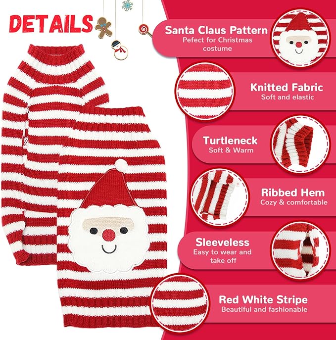 Dog Christmas Sweater Xmas Pet Clothes Cute Striped Santa Claus Costume Holiday Puppy Cat Jumpers Outfits New Year Gifts for Small Medium Large Dogs (XXS, Red White Stripe Santa Claus)