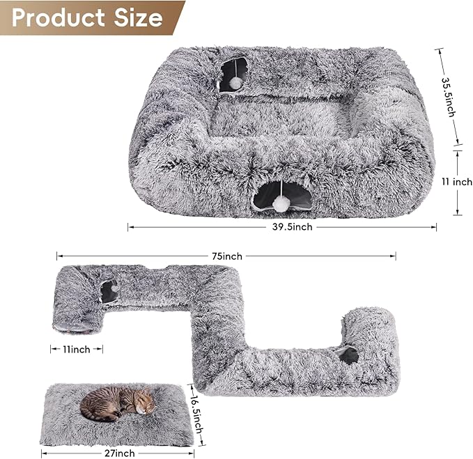 Extra Large Cat Tunnel Bed, 4 Ways Tunnels for Indoor Cats, Multi-cat Family Pet Bed & Cave, Plush Cat Donut with Washable Middle Mat, Exit Balls, Pet Play Toy for Kitten Puppy Rabbit, Dark Grey