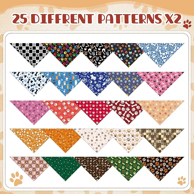 Kacctyen 50 Pcs Dog Bandanas Bulk Large Bandanas for Dogs Grooming with Dog Paws Pattern Adjustable Pet Triangle Scarf Bib Washable for Small Medium Large Puppy Cats Pets Costume Accessories