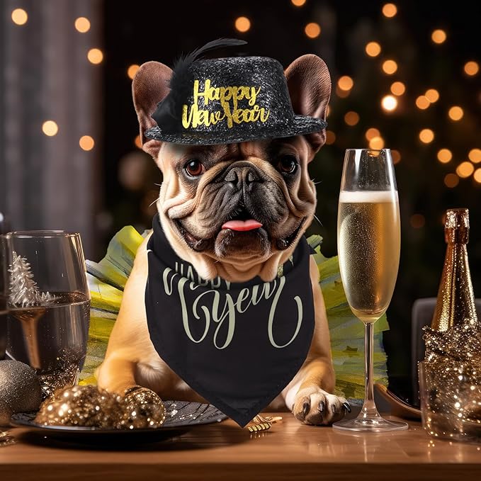 Suhine 3 Pcs Pet Happy New Year Costume Dog New Years Outfit Accessories Includes Puppy Dogs Tutu Dress Pet Hat and Dog Triangle Bandana for Medium Large Pets Costume Supplies