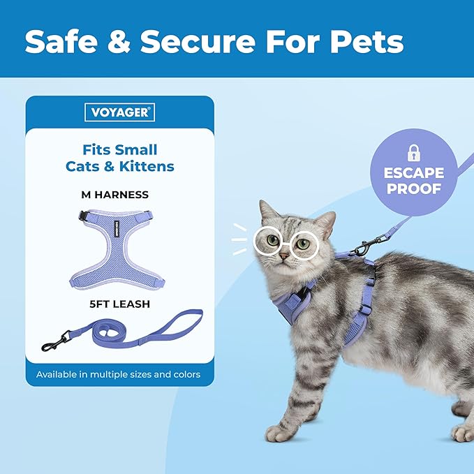Voyager Escape-Proof Step-in Lock Cat Harness & 5ft Neoprene-Handle Leash Set All-Weather Mesh with Reflective Stitching for Small to Large Cats by Best Pet Supplies, Lavender (327), M
