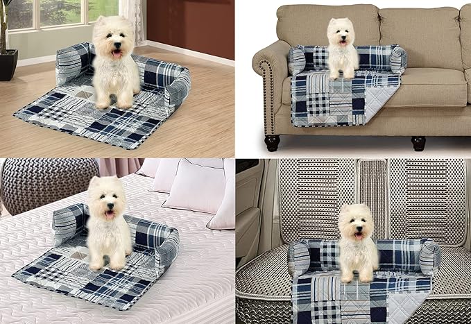 Brilliant Sunshine Quilted Calming Dog Bed Mat, Removable Washable Cover, Cushion Protector and Couch Covers for Dogs, Pets, Cats, Small, Blue Plaids and Stripes Patchwork