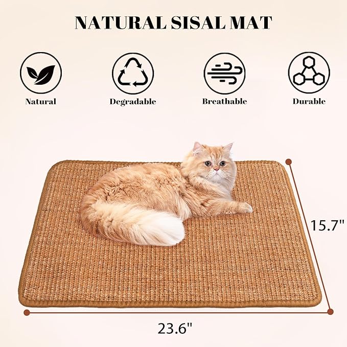CHEERPALS Sisal Cat Scratcher Mat for Indoor Cats, 23.6 X 15.7 Inch Natural Sisal Fabric Scratching Pad Horizontal Scratch Rug with Sticky Tapes, Protect Couch, Wall and Carpets (Brown)