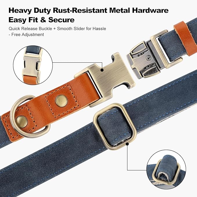 Plutus Pet Genuine Leather & Hemp Dog Collar – Adjustable Heavy Duty Pet Collar with Quick Release Metal Buckle, Soft & Stylish for Puppy and Small, Medium, Large Dogs (Blue, M)