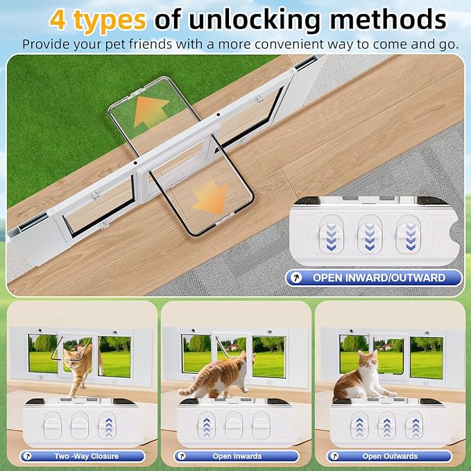 Full Size Window Pet Door for Cats & Small Dogs 31"-36" Various Sliding Windows, 4 Flexible Locking Modes, High-Definition, high-Transparency cat Door for Windows, Magnetic Reset Design