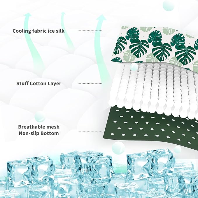 NWK Pack of 4 Pet Cooling Mat - Ice Silk Cooling Mat for Dogs & Cats Portable & Washable Pet Cooling Blanket, Car Seats, Beds for Summer (4pcs, Green Leaf, 27’’ X 20’’ X 0.3)