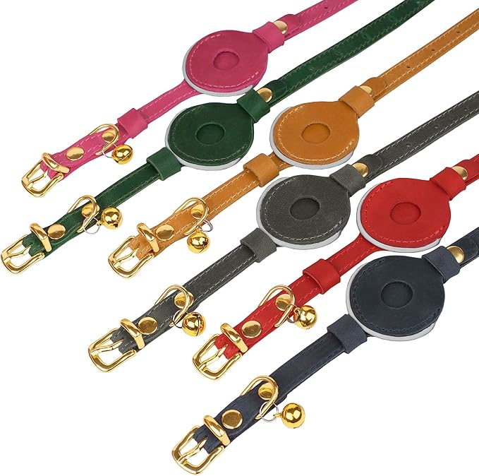 OOPSDOGGY Reflective Leather AirTag Cat Collar with Bell - Non Breakaway Adjustable Pet Collar with Apple Air Tag Holder - Lightweight GPS Kitten Collars for Small Dogs Puppy (Black)