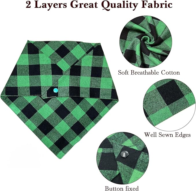 Christmas Plaid Dog Bandana with Button, Fall Dual Layer Soft Cotton Triangle Dog Scarf Kerchief Washable Girl Boy Dog Bandanas Adjustable Accessories for Small Medium Large Extra Large Dog Puppy Pet