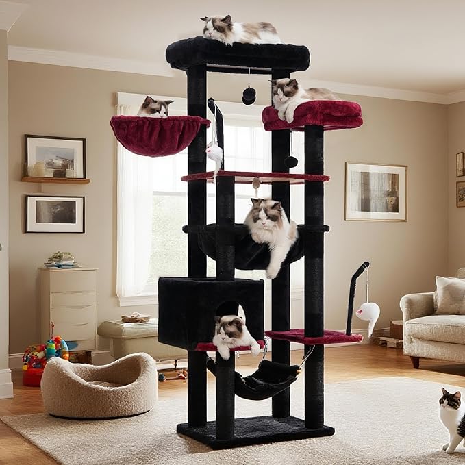Gothic Cat Tree, Cat Tower for Large Cats with 2 Big Platforms, 2 Baskets, condo and Toys, 63" Cat Scratching Posts for Indoor Cats, Black and red GCT020BR