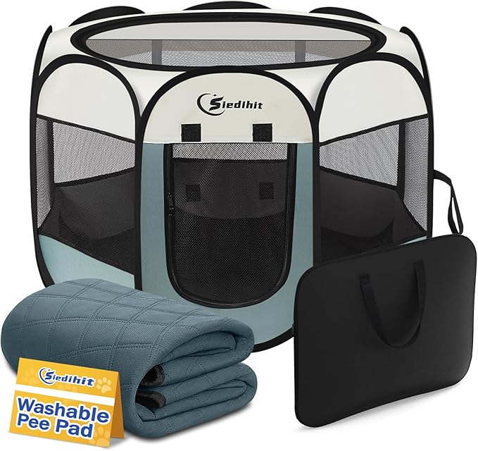 Pink Puppy Playpen for Middle Dog Cat, Dogs Tent Crate Cage Indoor/Outdoor, Portable Pop Up Dog Kennel with Carrying Bag for Rabbits, Removable Top (Grey with Pad, Large)