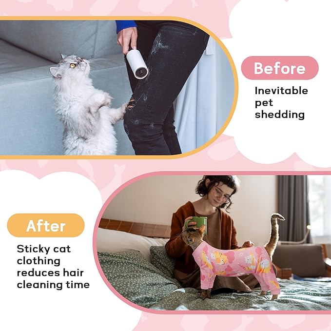 PUMYPOREITY Cat Recovery Suit, Stops Wound Licking After Surgery, Sticky Hair Shirt with Sticky Fabric, Cat Pajamas Prevents Over-Grooming, Kitten Onesie - Soft & Machine Washable, Pink, S