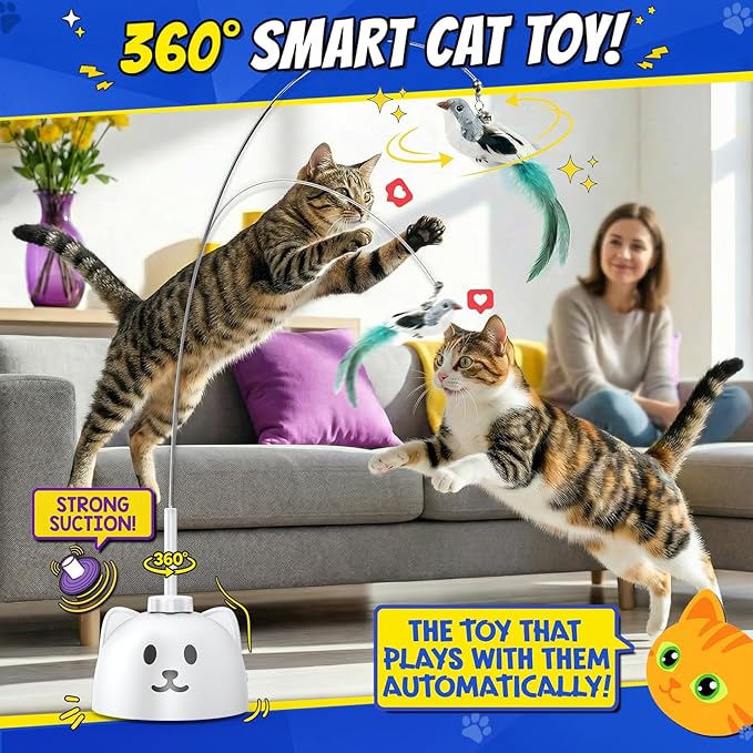 Interactive Cat Toys for Indoor Cats - Automatic Flying Bird Feather Toy, USB Rechargeable Electric Cat Teaser with Strong Sticky Base, Smart Motion Self-Play Toy for Bored Cats(Brown)