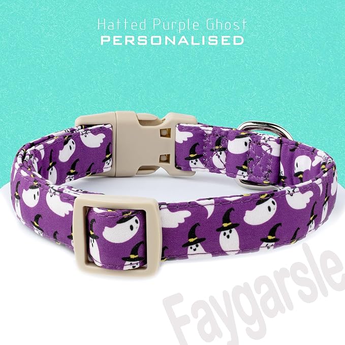 Faygarsle Halloween Dog Collar with Charm, Purple with Ghost Pattern, Adjustable Pet Collar for Small Medium Large Dogs L
