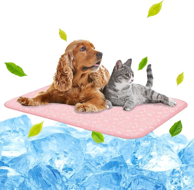 NWK Pack of 4 Pet Cooling Mat - Ice Silk Cooling Mat for Dogs & Cats Portable & Washable Pet Cooling Blanket, Car Seats, Beds for Summer (4pcs, Pink Cat, 39’’ X 27’’ X 0.3)