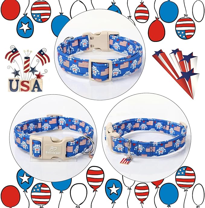 4th of July Dog Collar, Robot Star-Spangled Patriotic Dog Collars for Medium Dogs, Adjustable Lightweight Quick-Release Buckle Collar for Boy&Girl Dogs M