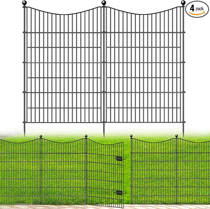 4 Panels Decorative Garden Fence with Gate, 48 in(H) X 10.5 ft(L) No Dig Dog Fence Animal Barrier Outdoor for Yard, Rustproof Metal Garden Edging and Borders, Temporary Fencing Stakes
