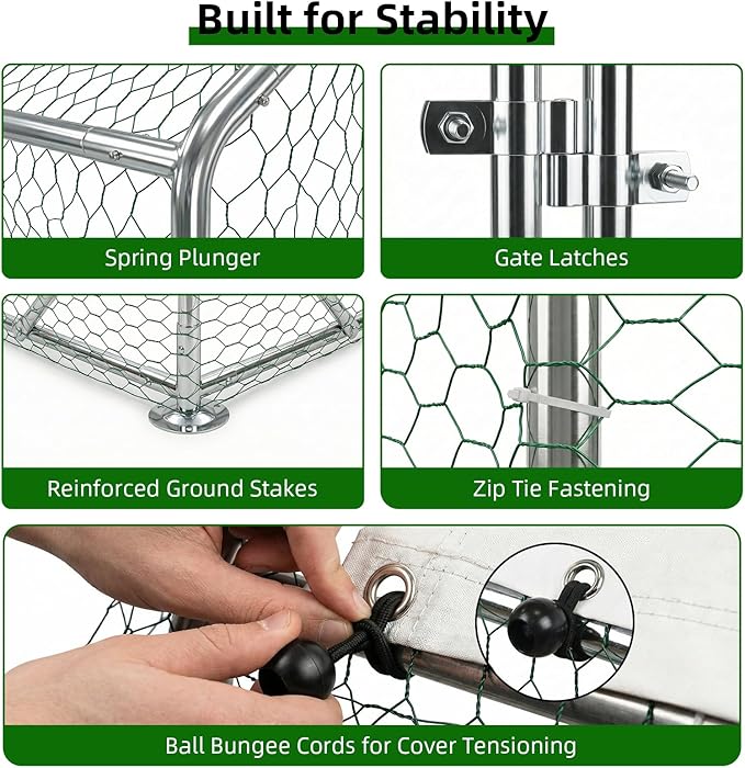 4ever2buy Large Metal Chicken Coop with Run Walk-in Poultry Cage Chicken Runs House Pen Cage Spire Roofed Chicken Coops with Anti-Ultraviolet Cover for Outdoor Backyard Farm Use 9.8’L x 6.6’W x 6.4’H