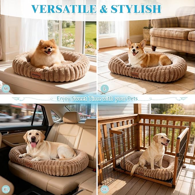 Orthopedic Dog Bed for Large Dogs, Comfort-Sided Calming Pet Bed with Breathable Memory Foam, Plush Faux Rabbit Fur & Non-Slip Bottom, Machine Washable with Carry Handle, 35"x27"x5.5", Brown