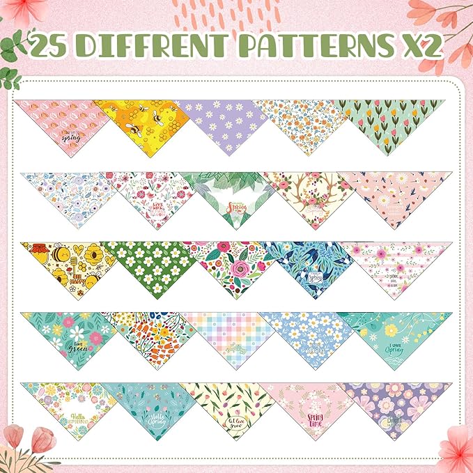 Kacctyen 50 Pcs Spring Dog Bandanas Bulk Bandanas for Dogs Grooming with Spring Flowers Bees Adjustable Pet Triangle Scarf Bib Washable for Small Medium Large Puppy Cats Pets Costume Accessories