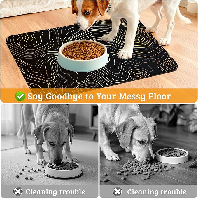 Dog Bowl Mat,Abstract Map Pet Feeding Mat for Floors Waterproof,Golden Lines Texture Absorbent Dogs Placemat for Food and Water Quick Dry Pet Cat Feeding Mats with Non Slip Bottom 12" x 20"