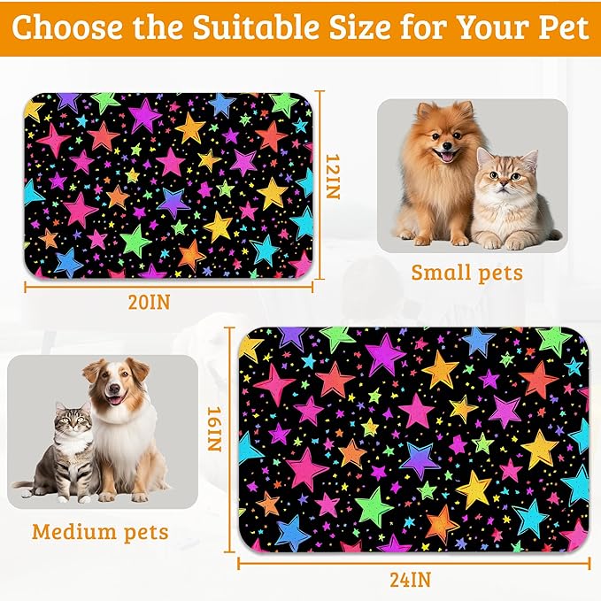 Neon Stars Dog Food Mat,Bright Colorful Absorbent Pet Feeding Mat for Food and Water Bowl,Quick Dry Dog Placemat Non Slip Rubber Backing Waterproof Pet Supplies 12" x 20"