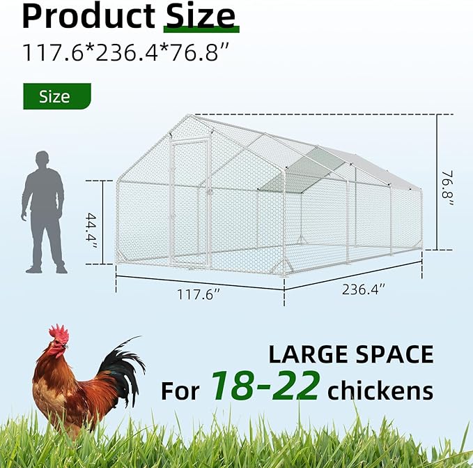 Large Metal Chicken Coop with Run Walk-in Poultry Cage Chicken Runs House Pen Cage Spire Roofed Chicken Coops with Anti-Ultraviolet Cover for Outdoor Yard Farm Use 9.8’L x 19.7’W x 6.4’H