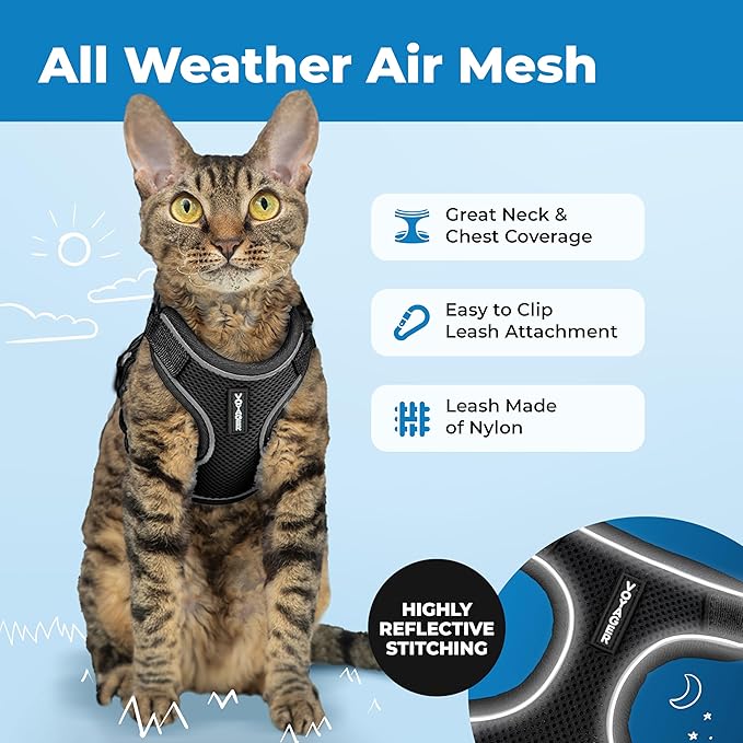 Voyager Escape-Proof Step-in Lock Cat Harness & 5ft Neoprene-Handle Leash Set All-Weather Mesh with Reflective Stitching for Small to Large Cats by Best Pet Supplies, Black (327), XXXS