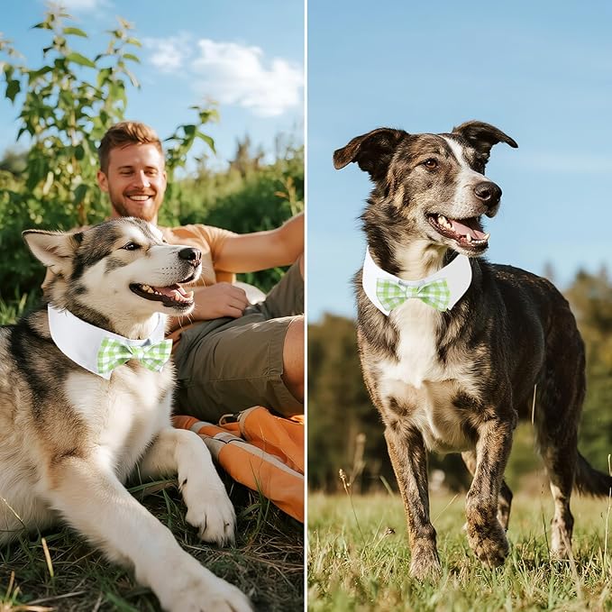 Segarty Dog Bow Tie for Neck Girths 16.5-21.2in, Adjustable Green Plaid Bowtie Collar for Extra Large Dog, Pet Necktie Comfortable Cotton Grooming Accessories for Formal Wedding Holiday Birthday Party