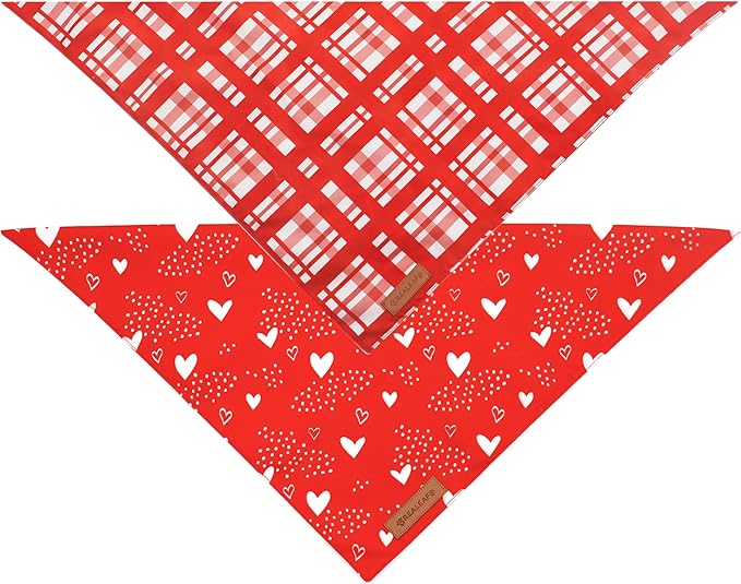 Realeaf Valentine's Day Dog Bandanas 2 Pack, Reversible Red Plaid Heart Dog Scarf for Boy and Girl, Premium Durable Fabric, Holiday Love Bandana for Large and Extra Large Dogs Pets (X-Large)