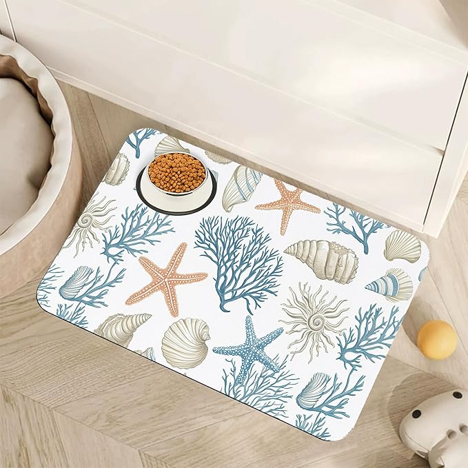 Starfish Dog Food Mat for Floors,Coral Shell Ocean Absorbent Quick-Dry Pet Feeding Mat, Cat Dog Bowl Mats for Food and Water,Non-Slip Pet Accessories Supplies 12"x20"
