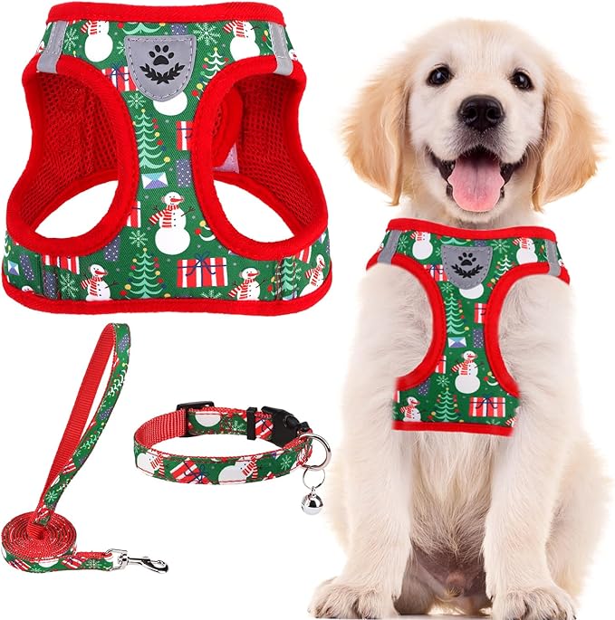 PUPTECK Adjustable Dog Harness Collar and Leash Set Step in No Pull Pet Harness for Small Medium Dogs Puppy and Cats Outdoor Walking Running, Soft Mesh Padded Reflective Vest Harnesses, Christmas, M