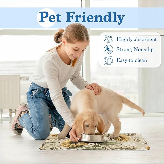 Vintage Sunflower Pet Feeding Mat for Floors–Christmas Stocking Absorbent Quick Dry Dog Cat Bowl Mat for Food and Water, Non Slip Waterproof Base, Mess-Free Feeding Accessories 12"x20"