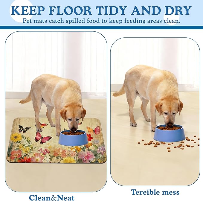 Vintage Butterfly Floral Pet Food Mat for Cats and Dogs–Christmas Stocking Absorbent Quick Dry Feeding Placemat, Non Slip Rubber Base, Waterproof Bowl Mat for Indoor Use, Pet Supplies 16"x24"
