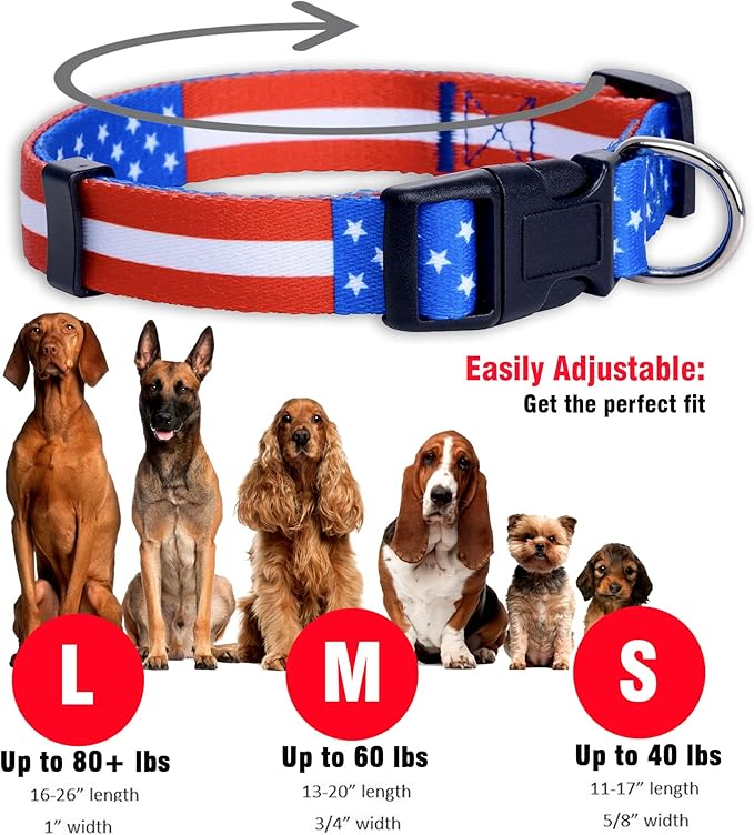 Native Pup American Flag Dog Collar- Red White and Blue- Patriotic Collars for 4th of July, USA- Adjustable Small, Medium, Large Breed Dogs (Large, Flag I)
