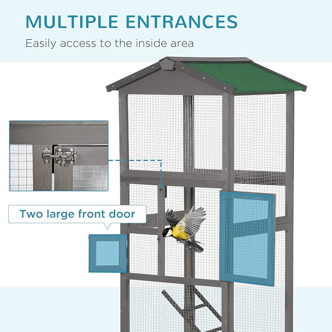 PawHut 65" Wooden Bird Cage Outdoor Aviary House for Parrot, Parakeet, with Pull Out Tray and 2 Doors, Grey