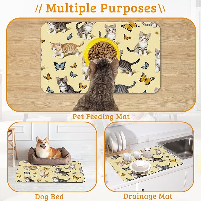 Dog Bowl Mat,Cute Cats Pet Feeding Mat for Floors Waterproof,Butterfly Absorbent Dogs Placemat for Food and Water Quick Dry Pet Cat Feeding Mats with Non Slip Bottom 12" x 20"