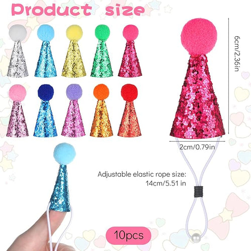 10PCS Small Party Hats for Stuffed Animals, Mini Birthday Hats for Stuffed Animals, Dogs, Cats, Adjustable Tiny Hat with Pom Poms, Holiday Birthday Costume Accessories