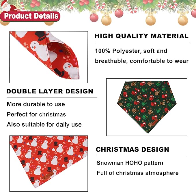 ADOGGYGO Christmas Dog Bandanas 2 Pack, Reversible Snowman Hoho Pattern Xmas Scarf, Premium Fabric, Adjustable Fit Red Green Christmas Bandanas for Small Dogs (Small)